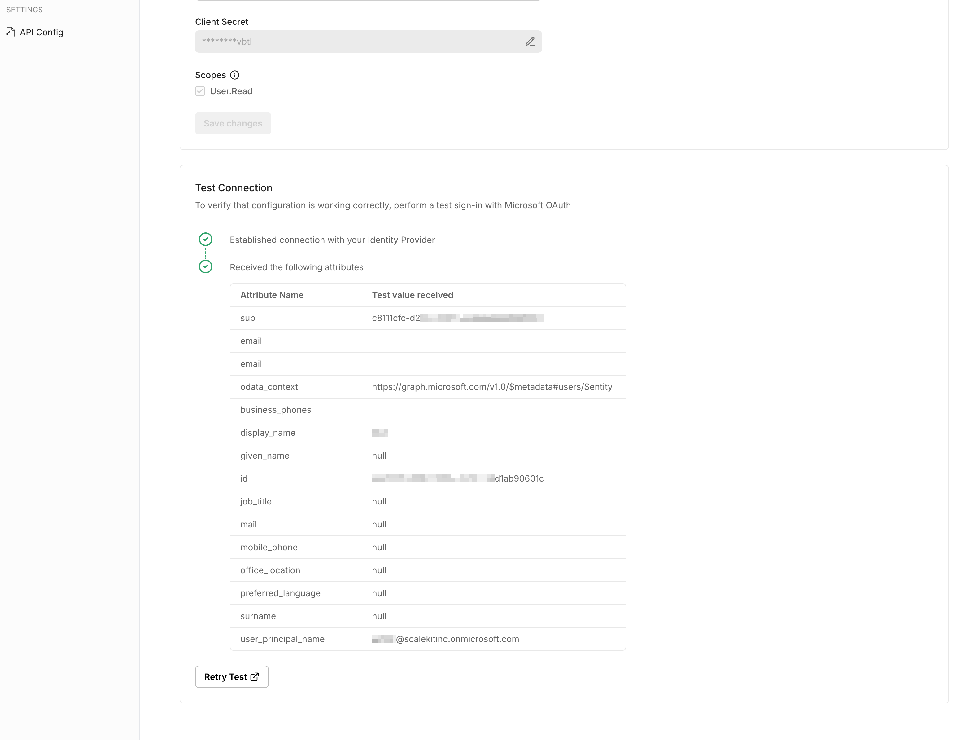 Microsoft OAuth configuration for social login, showing redirect URI, client ID, and scopes for authentication.